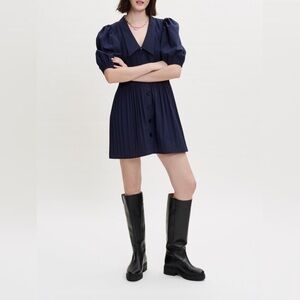 Maje Pleated Mini Dress with Collar Marine (Navy)